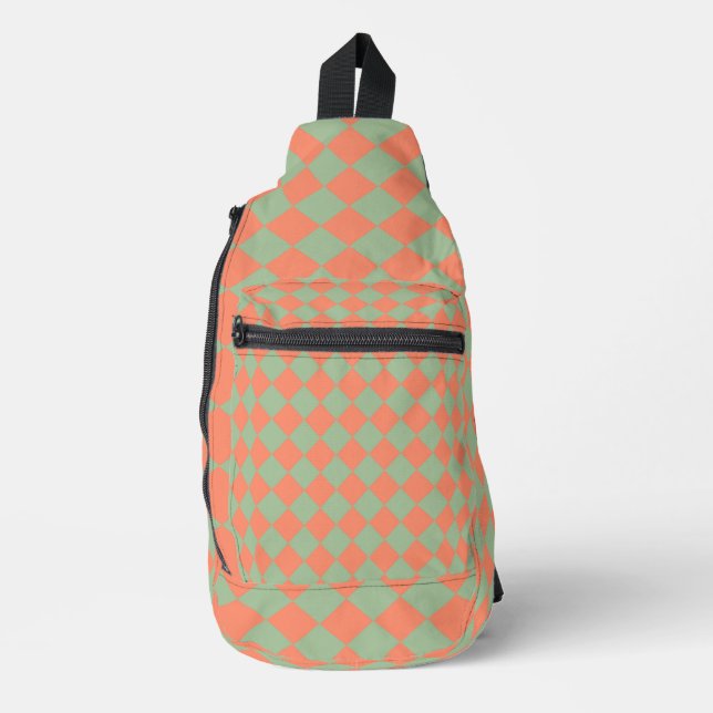 Olive Green Salmon Pink Checker Diamond Pattern Sling Bag (Front)