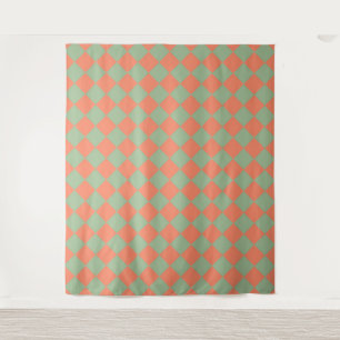 Olive Green Salmon Pink Checker Diamond Pattern Tapestry