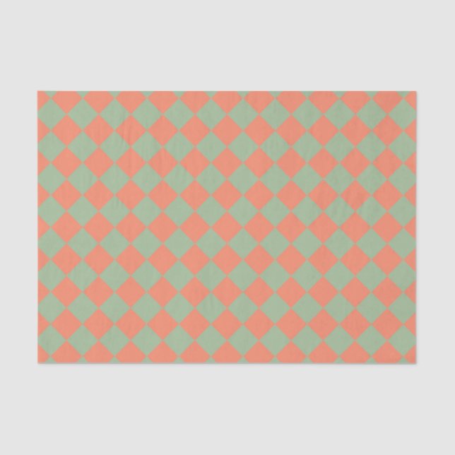 Olive Green Salmon Pink Checker Diamond Pattern Tissue Paper (Front)