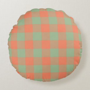 Olive Green Salmon Pink Plaid Checker Pattern Round Pillow
