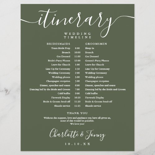 Olive Green Schedule Wedding Itinerary Timeline