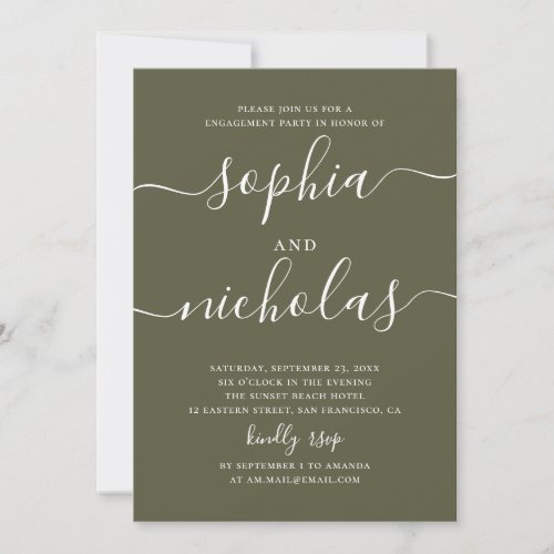 Olive green script minimalist engagement party invitation