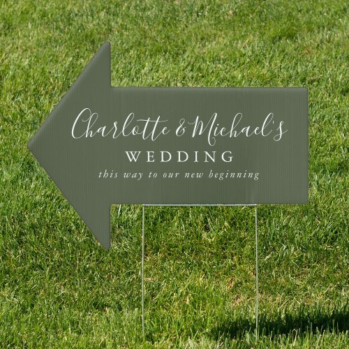 Olive Green Script Name Wedding This Way Arrow Sign