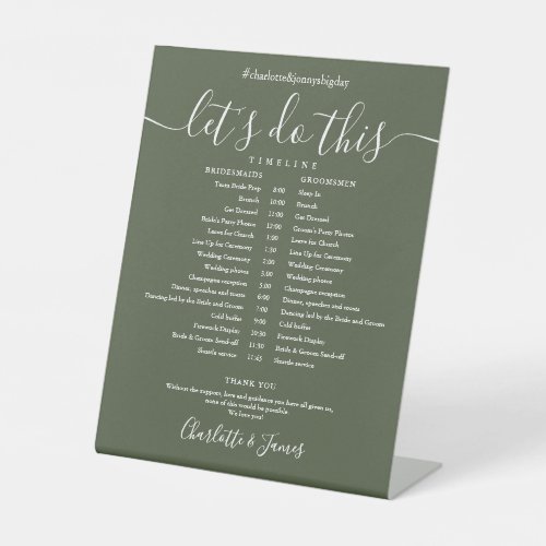 Olive Green Script Wedding Schedule Timeline Pedestal Sign