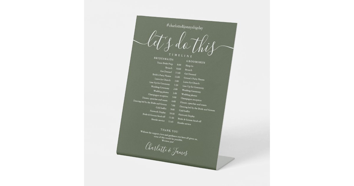 Olive Green Script Wedding Schedule Timeline Pedestal Sign | Zazzle