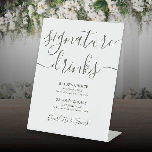 Olive Green Script Wedding Signature Drinks  Pedestal Sign