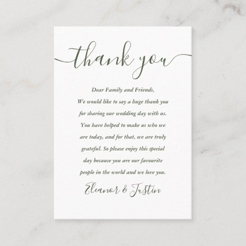 Olive Green Script Wedding Thank You Place Card