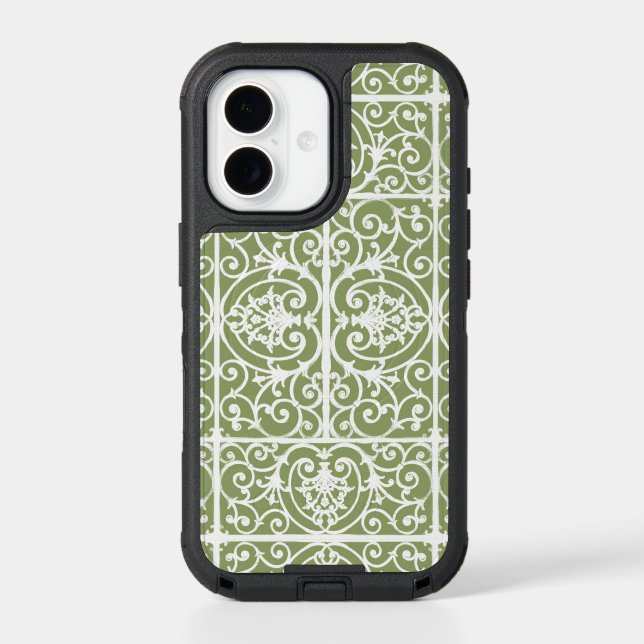 Olive green scrollwork pattern otterbox iPhone case (Back)