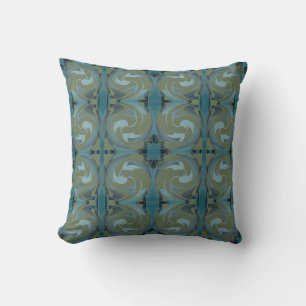 Olive Green Seafoam Gray Floral Mosaic Large Tiles Throw Pillow