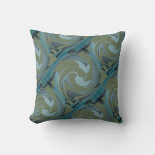 Olive Green Seafoam Gray Slanted Swirling Shapes Throw Pillow