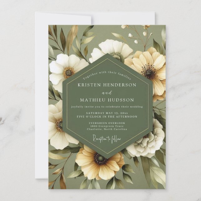 Olive Green Serene Bloom Wedding Invitation (Front)