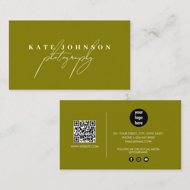 Olive Green Signature Script QR Code Social Media Business Card (Front/Back)