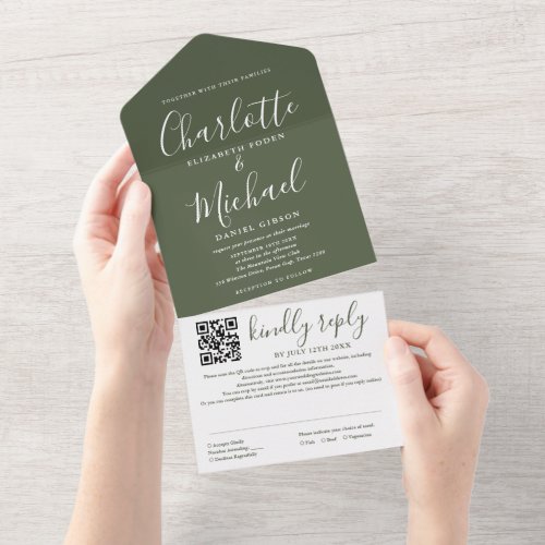 Olive Green Signature Script QR Code Wedding All In One Invitation