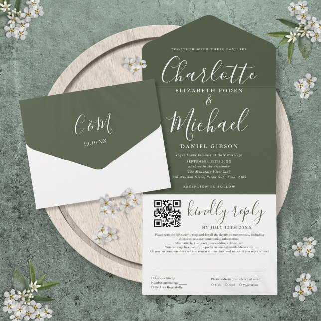 Olive Green Signature Script QR Code Wedding All In One Invitation (Olive Green Signature Script QR Code Wedding All In One Invitation)