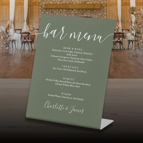 Olive Green Signature Script Wedding Bar Menu Pedestal Sign