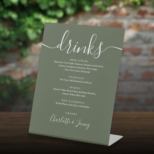 Olive Green Signature Script Wedding Drinks Menu  Pedestal Sign