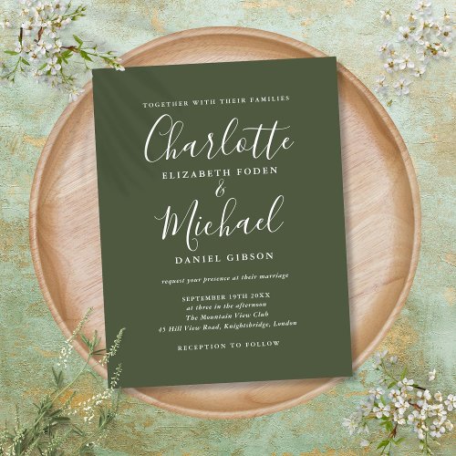 Olive Green Signature Script Wedding Invitation Postcard