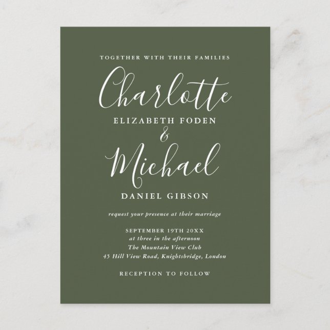 Olive Green Signature Script Wedding Invitation Postcard (Front)