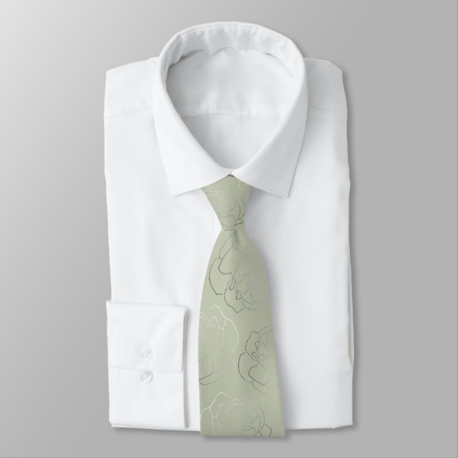 Olive Green Silver Floral Wedding Neck Tie (Tied)