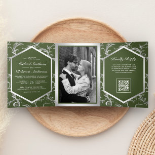 Olive Green Silver Flourish QR Code Wedding Tri-Fold Invitation