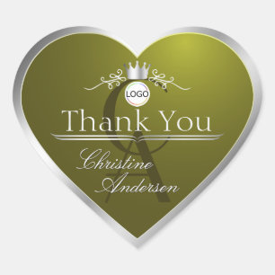 Olive Green Silver Frame Logo Monogram Thank You Heart Sticker