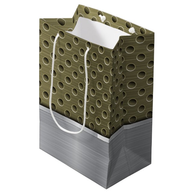 OLIVE GREEN & SILVER METAL LOOK PATTERN MEDIUM GIFT BAG (Front Angled)