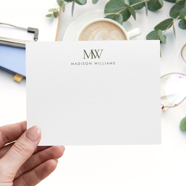 Olive Green Simple Elegant Modern Monogram Note Card (Creator Uploaded)