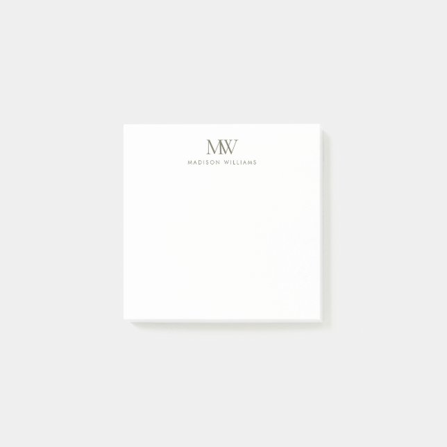 Olive Green Simple Elegant Modern Monogram Post-it Notes (Front)