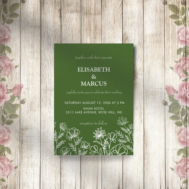 Olive green simple floral wedding invitation  (Creator Uploaded)