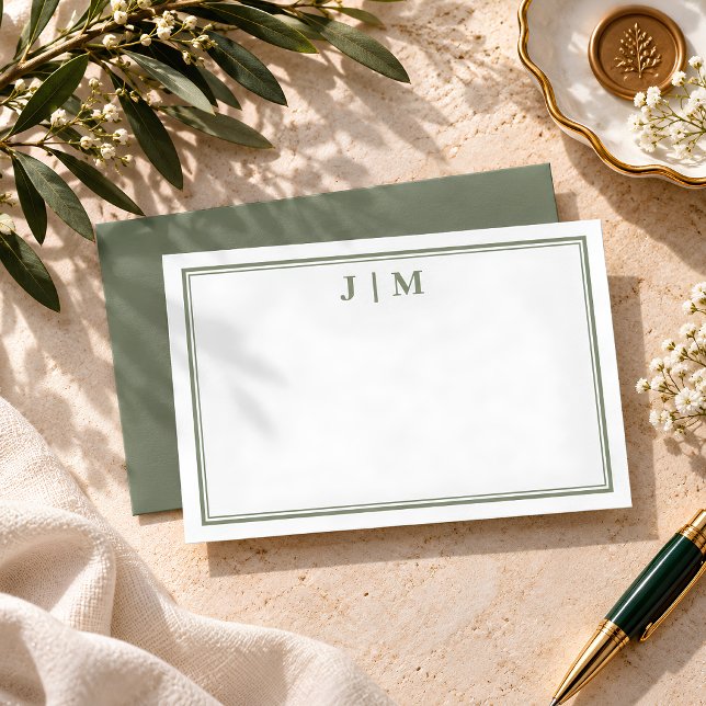 Olive Green Simple Line Monogram Note Card (Creator Uploaded)