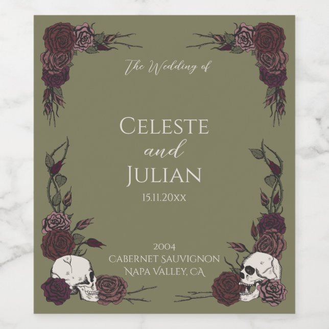 Olive Green Skulls & Roses Gothic Wedding Wine Label (Single Label)