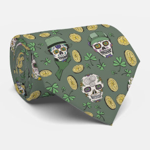 Olive Green St Patrick's Day Irish Sugar Skull Neck Tie
