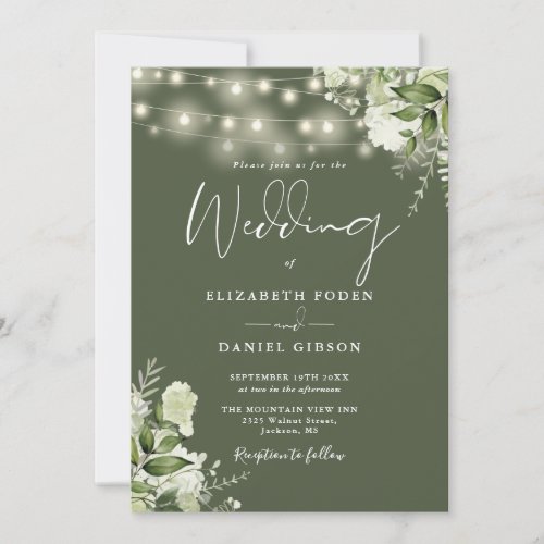 Olive Green String Lights Floral Monogram Wedding Invitation