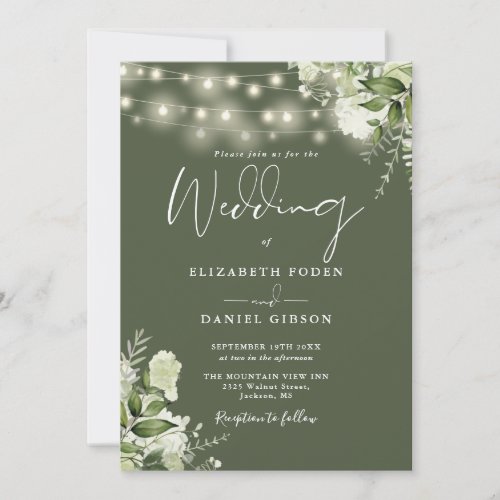 Olive Green String Lights Floral QR Code Wedding Invitation