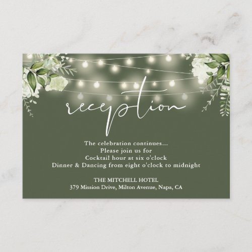 Olive Green String Lights Floral Wedding Reception Enclosure Card