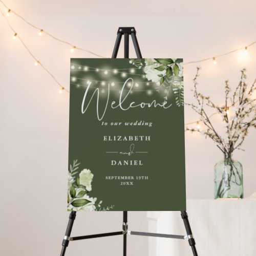 Olive Green String Lights Floral Wedding Welcome  Foam Board