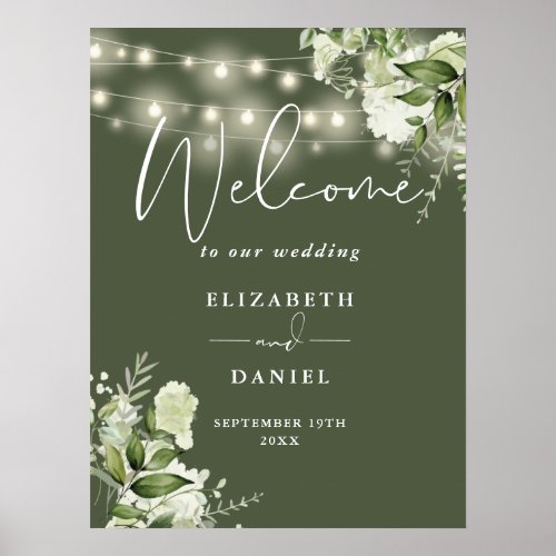 Olive Green String Lights Floral Wedding Welcome Poster