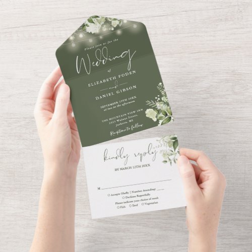 Olive Green String Lights Greenery Floral Wedding All In One Invitation