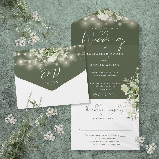 Olive Green String Lights Greenery Floral Wedding All In One Invitation (Olive Green String Lights Greenery Floral Wedding All In One Invitation)