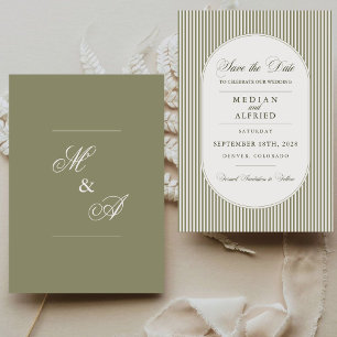 Olive Green Stripe Calligraphy Script Wedding Save The Date