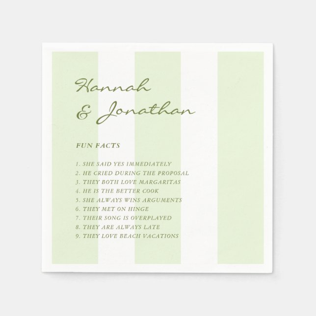 Olive Green Stripe FUN FACTS Wedding Napkins (Front)