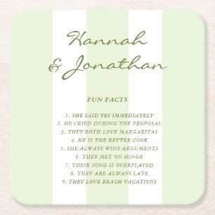 Olive Green Stripe FUN FACTS Wedding Square Paper Coaster