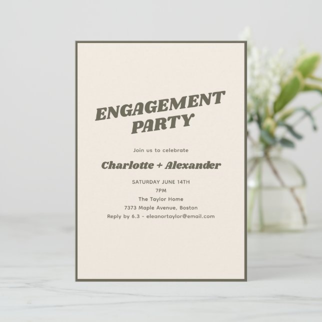Olive Green Stripe Retro Bold Engagement Party Invitation (Standing Front)
