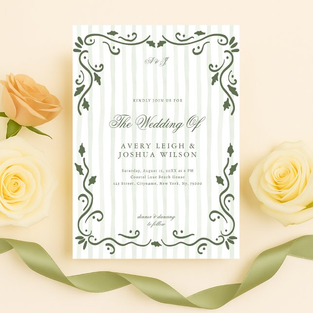Olive Green Striped Classic Elegant Wedding  Invitation (Creator Uploaded)