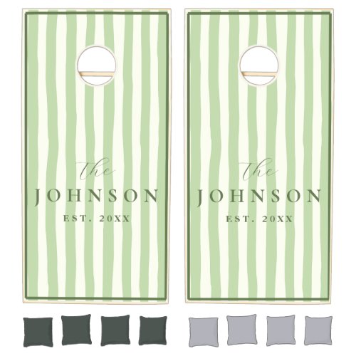 Olive Green Striped Rustic Couple Name Wedding Cornhole Set