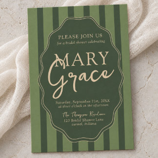 Olive Green Striped Vintage Scalloped Shower Invitation