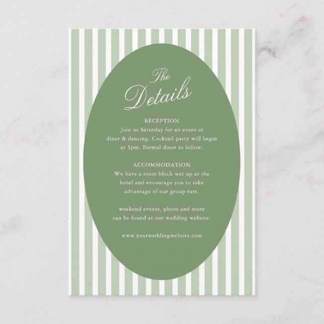 Olive Green Stripes Classic Wedding Details Enclosure Card (Front)