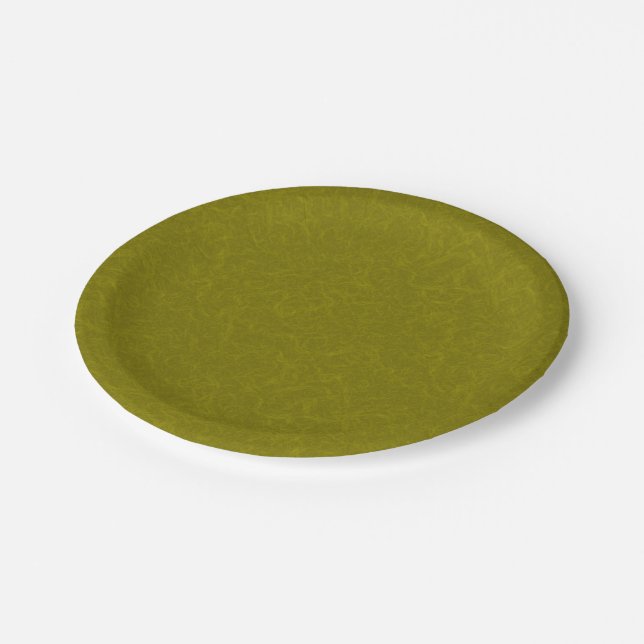 Olive green surface with subtle swirling pattern paper plates (Angled)