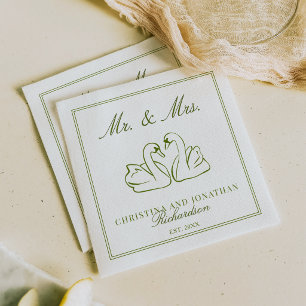 Olive Green Swans Old Money Personalized Wedding Napkins