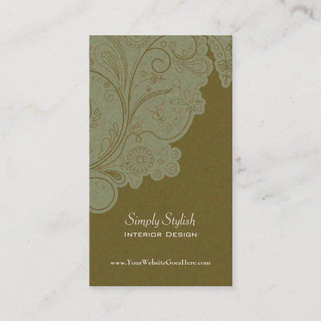 Olive green swirls interior designer business card (Front)
